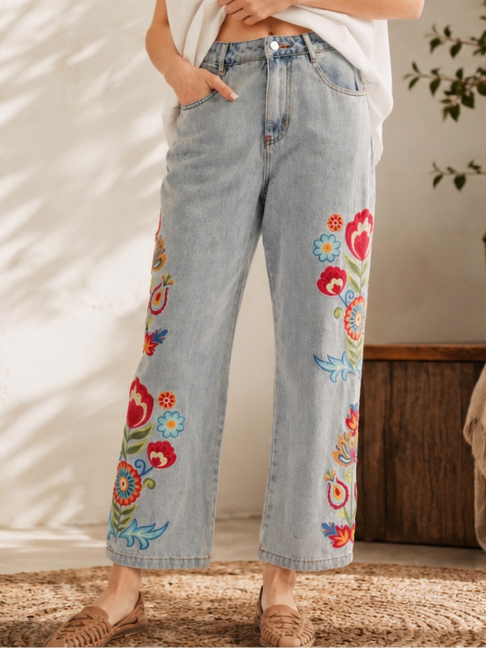 Jodifl Embroidered Floral Colorful Relaxed Fit Straight Leg Floral Denim - Picture 2 of 4
